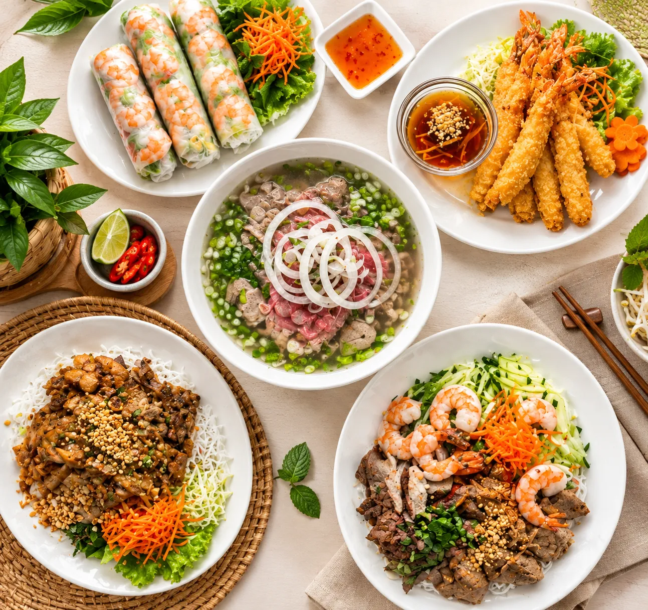 A spread of Vietnamese dishes from the Bon Vietnamese Cuisine menu in Redstone, Calgary