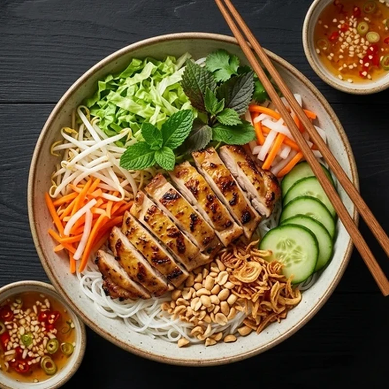 Lemongrass Chicken noodle bowl with fresh vegetables and crushed peanuts at Bon Vietnamese Cuisine, Redstone, Calgary